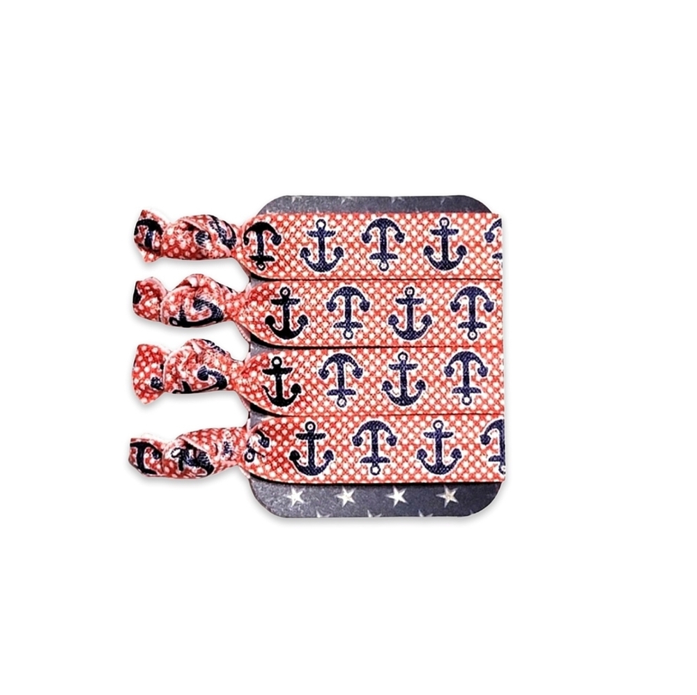 Polka Dot Anchor Theme Red White & Blue Handmade No Crease Hair Ties 4-Pack